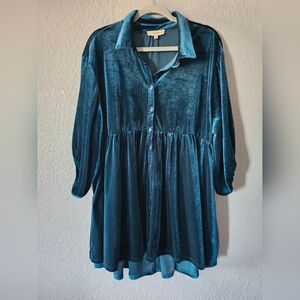 Umgee Womens Velvet Top Tiered Babydoll Swing Tunic Size XL Blue Button Up